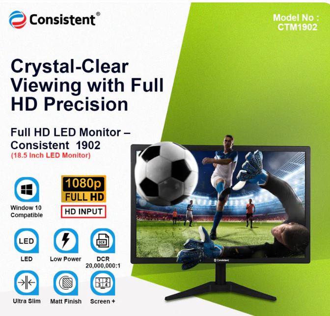 Consistent 1902 18.5 Inch LED Monitor | Refresh Rate 60 Hz,1440 x 900 Pixels | Wall Mountable Slim &